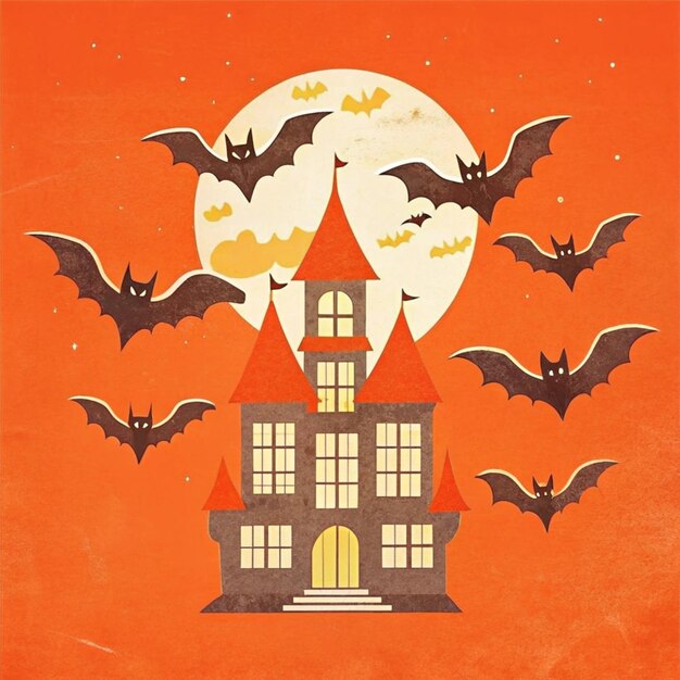 a poster for a house with bats flying in the sky