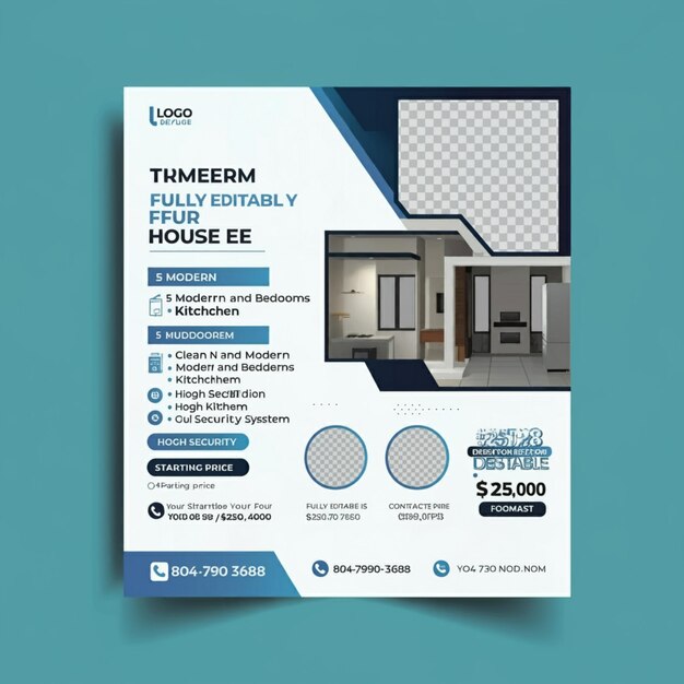 Photo a poster for a house with a blue background and a blue and white box