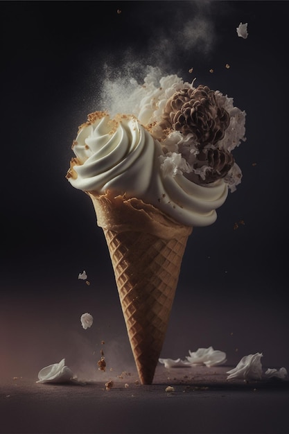 A poster for ice cream with a splash of chocolate and a sprinkle of powder.