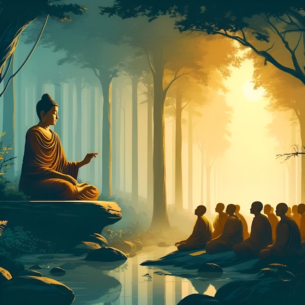 Photo poster illustration of buddha teaching his disciples under a tree for asalha puja