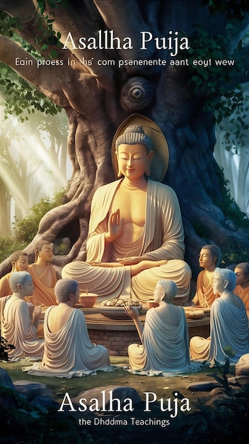 Photo poster illustration of buddha teaching his disciples under a tree for asalha puja