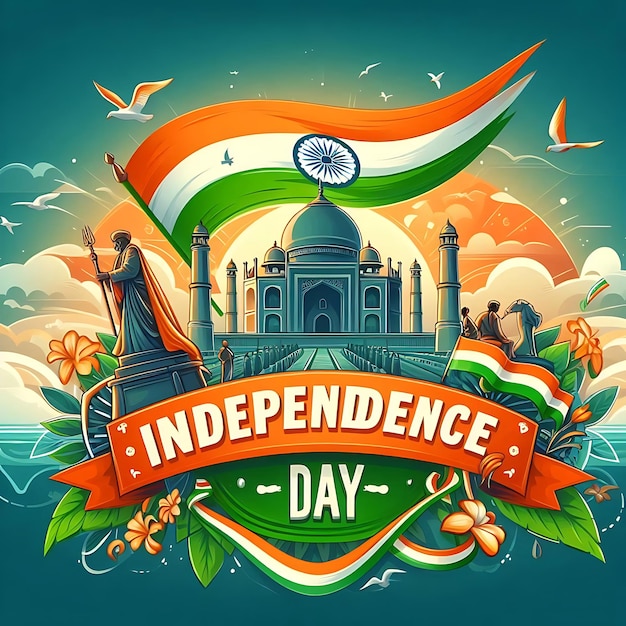 a poster for independence day with a picture of a building and flags