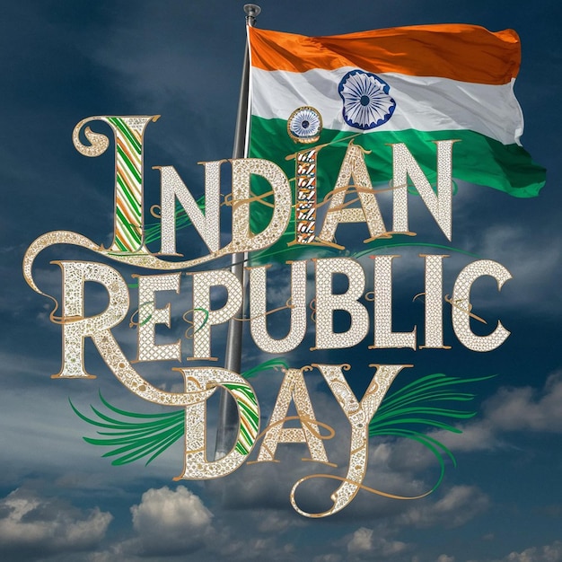 a poster for indian republic day with a flag and a cloudy sky background