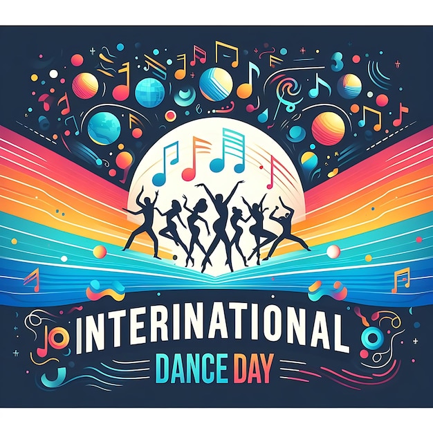 a poster for international dance day with a colorful background and a colorful circle