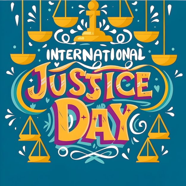 a poster for international justice day with a blue background