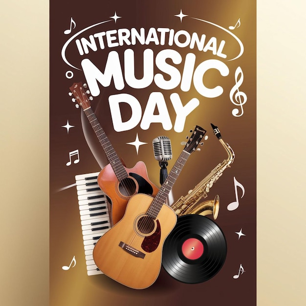 A poster for international music day with a brown background with music guitar