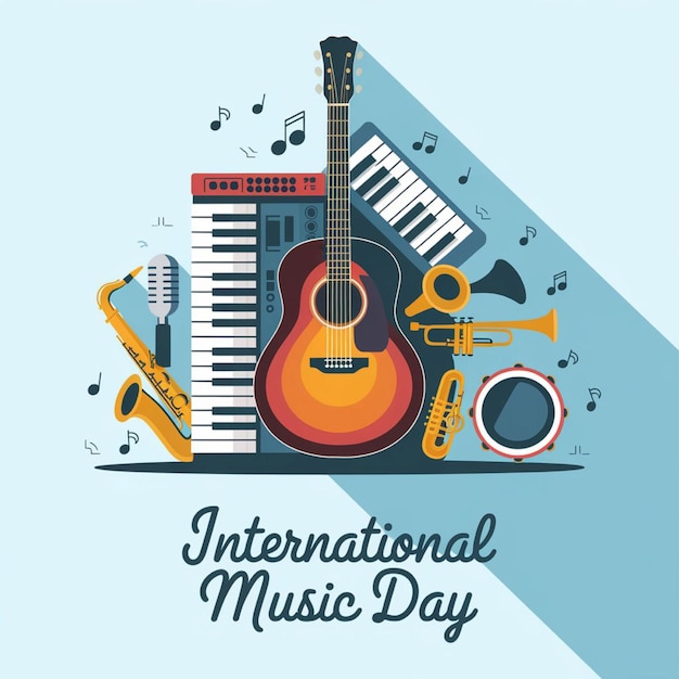 A poster for international music day with a guitar and musical notes