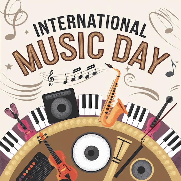 A poster for international music day with a musical instrument