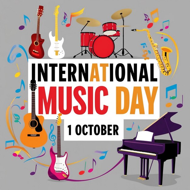 a poster for international music day with a red and white background