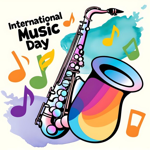 Photo a poster for international music with a colorful background and a colorful image of a saxophone