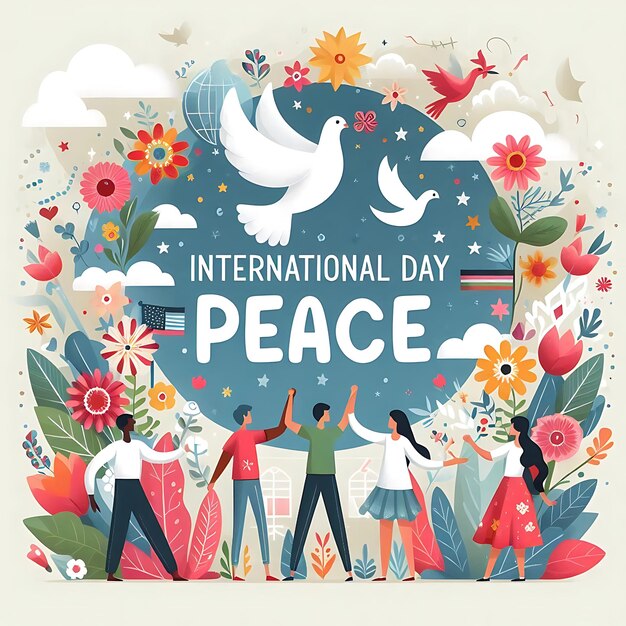 Photo a poster of international peace day with a dove and flowers in the background