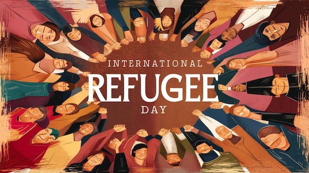 a poster for international refugees day with people in the background