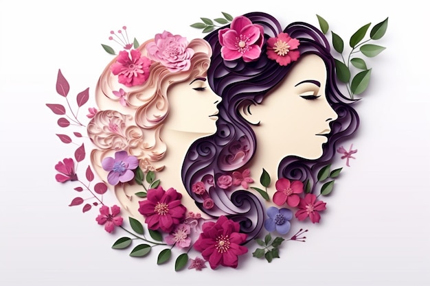 Poster for International Womens Day with womens profiles and flowers in applique style