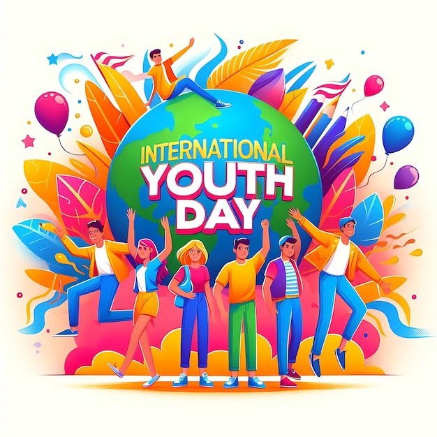 Photo a poster for international youth day with colorful balloons and a colorful background