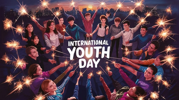 a poster for international youth day with a group of people in the background