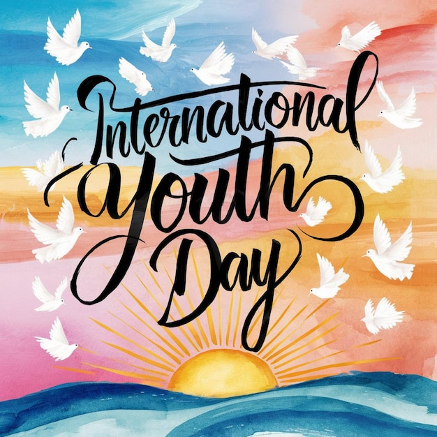 a poster for international youth day with a sunset and birds