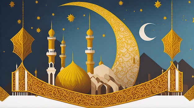 A poster for the islamic festival of ramadan with a crescent moon and stars.