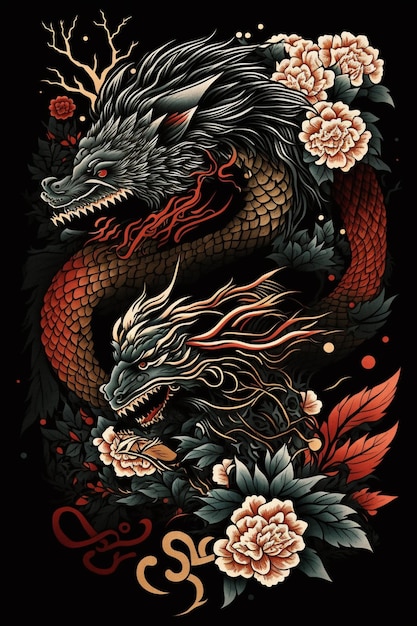 A poster for a japanese dragon with flowers and a dragon on it.