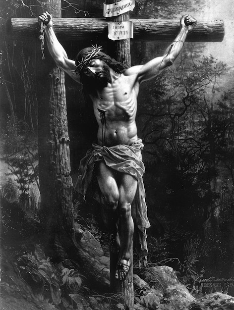 Photo a poster of jesus carrying a cross with the words jesus on it