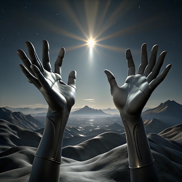 a poster of jesus hands reaching for the sky with the sun behind them