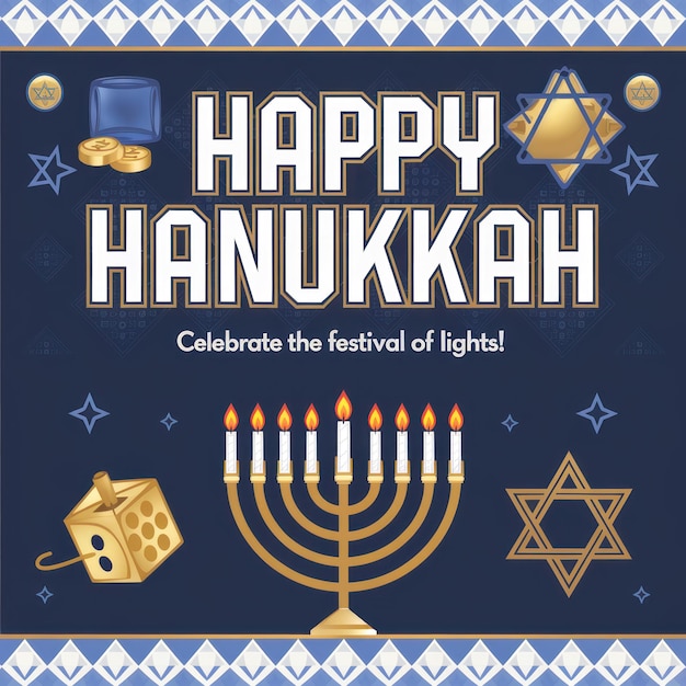 Photo a poster for jewish holiday with a blue background with a group of menorah and the words happy