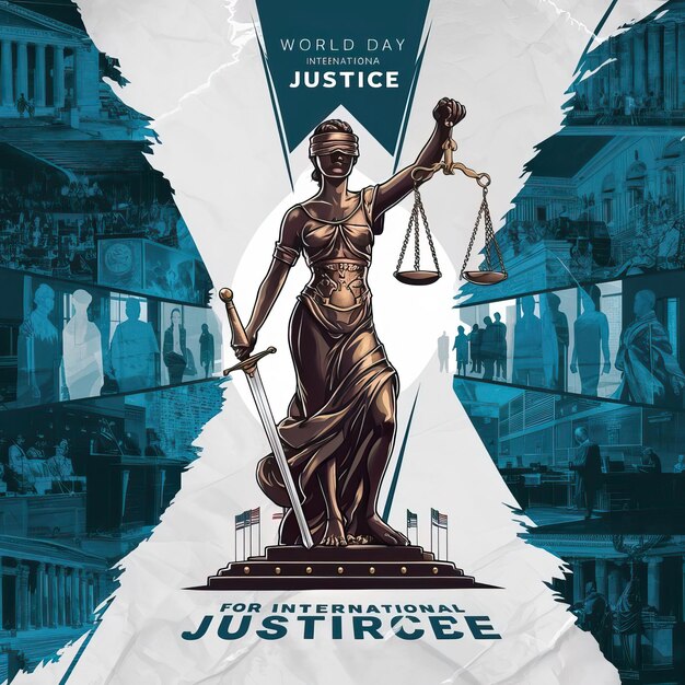 Photo a poster for justice justice justice with a statue of justice on the top