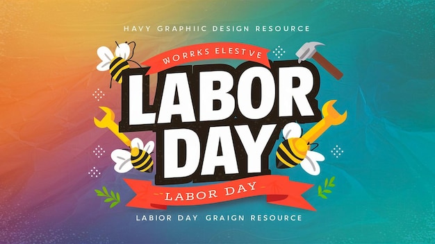 a poster for labor day day with a red ribbon and bees flying around it