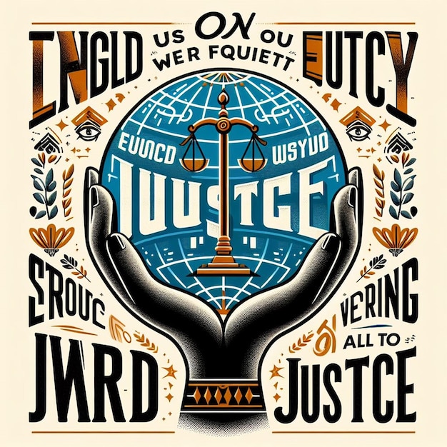 a poster for the lady of justice has a hand on the bottom