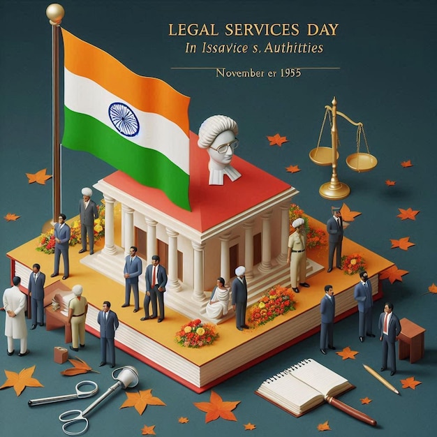 a poster for a law service with a flag and a statue of a man with a flag on it