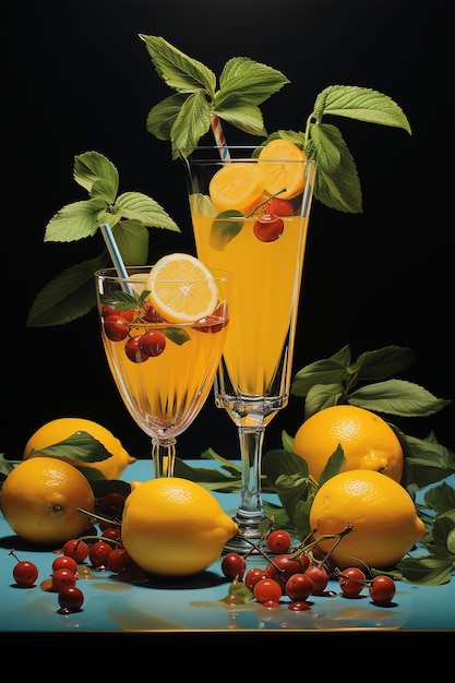 Poster of lemons cocktails with lemons mint AI generative