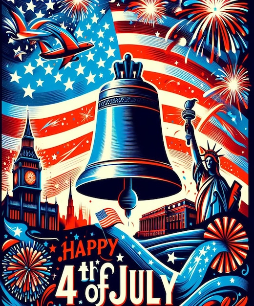 a poster for the liberty bell with a background of the united states flag and a statue of liberty