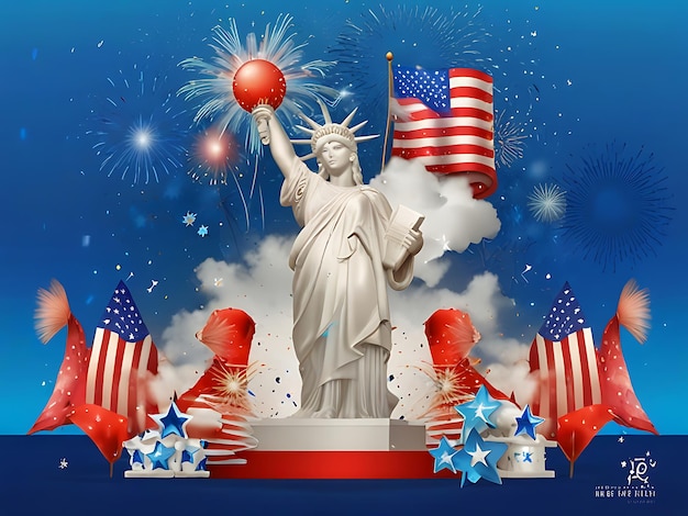 a poster for the liberty with fireworks and a statue of liberty