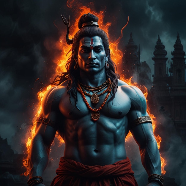 a poster of Lord Shiva with a flame in the background