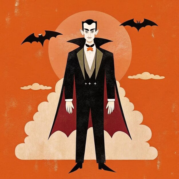 Photo a poster for a man dressed as a vampire with bats in the background