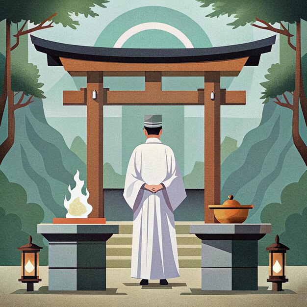 Photo a poster of a man in front of a shrine with a man in a robe standing in front of it