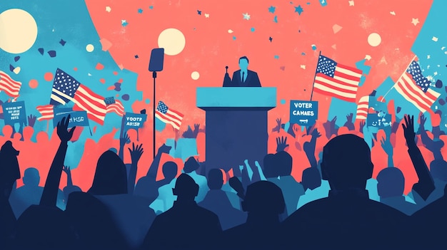 a poster of a man giving a speech and a crowd of people holding signs saying quot happy new year quo