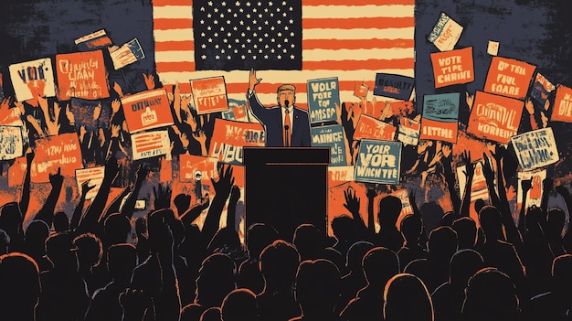 Photo a poster of a man giving a speech with a crowd of people holding up signs that say  welcome to the president