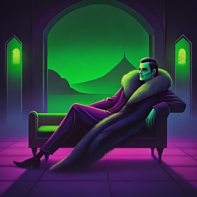 a poster of a man laying on a couch in a dark room