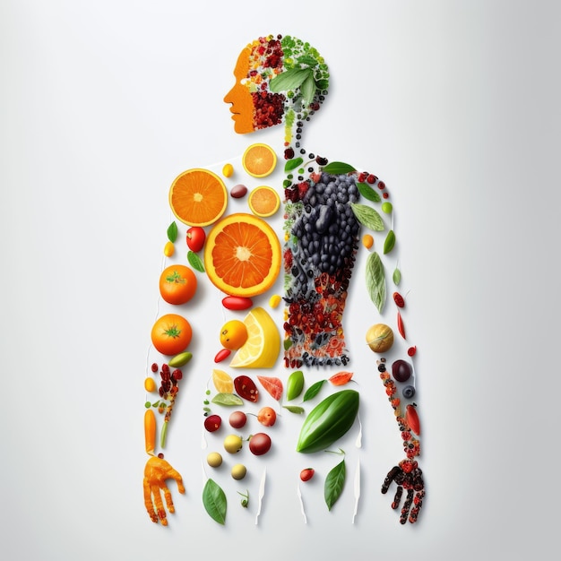 A poster of a man made out of fruits and vegetables.