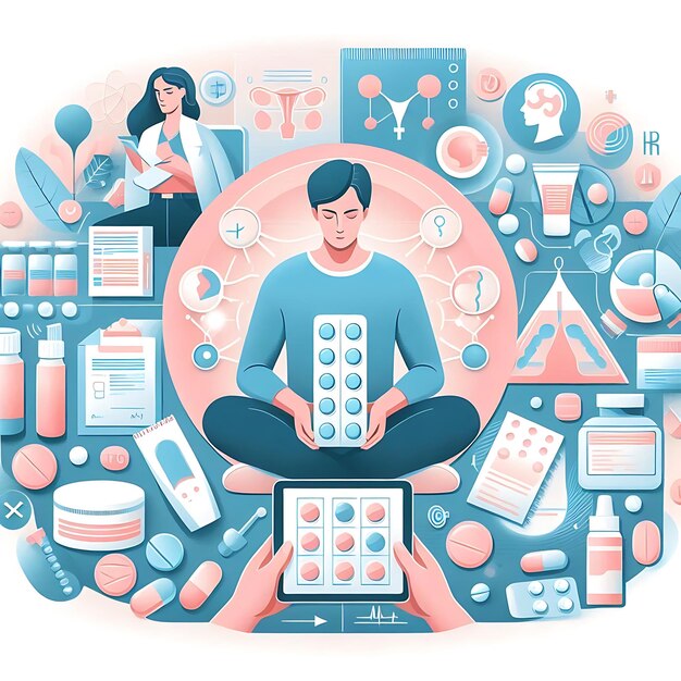 Photo a poster of a man sitting in front of a variety of pills