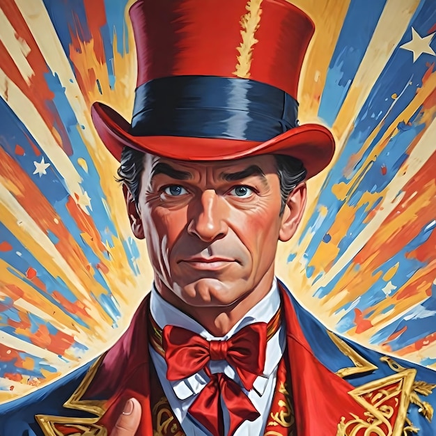 a poster of a man wearing a top hat with a red bow tie