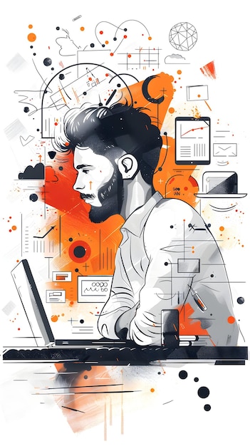 a poster of a man with a beard and a laptop