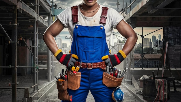 a poster for a man with a blue overalls and a blue helmet