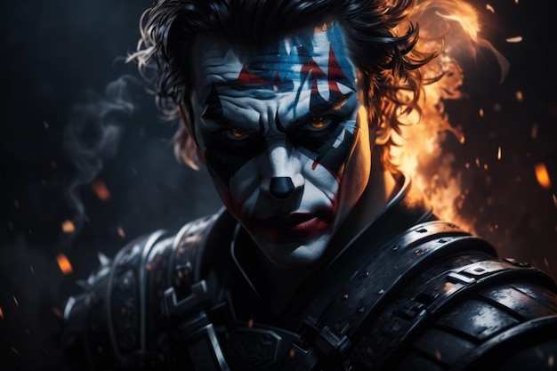 a poster of a man with a blue and white face that has the face painted on it