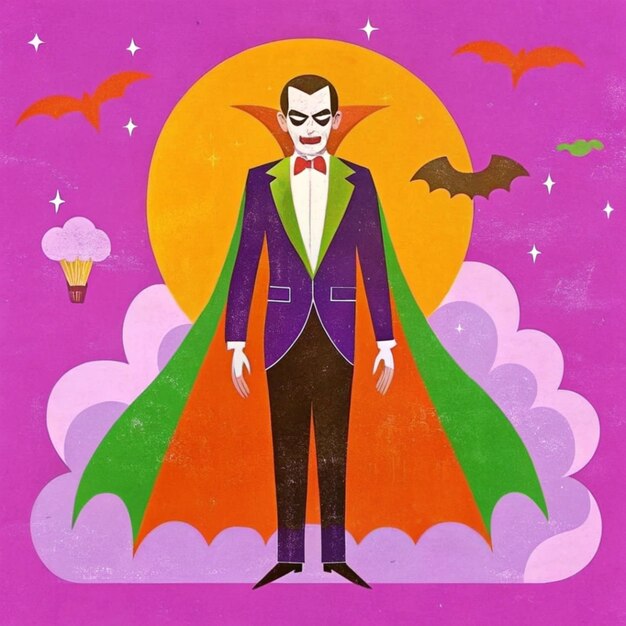 a poster of a man with a cape and bats in the sky