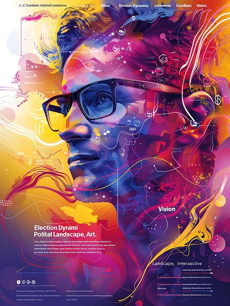 a poster for a man with glasses and a colorful background