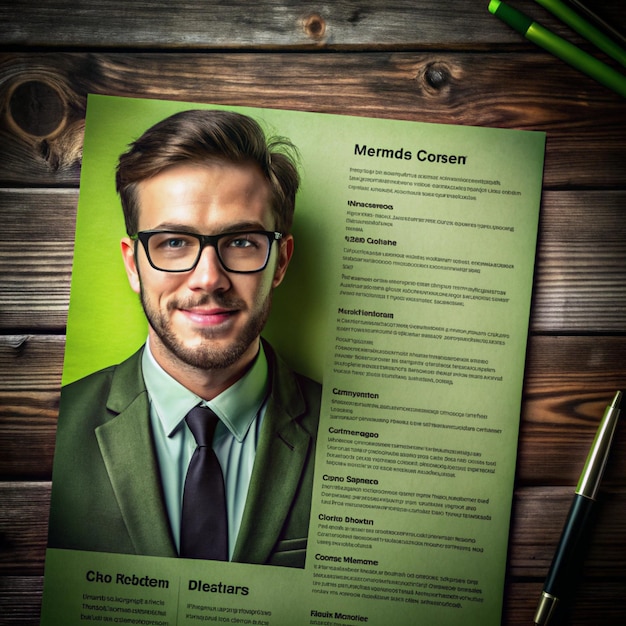 Photo a poster of a man with glasses and a green background with a picture of a man in a suit