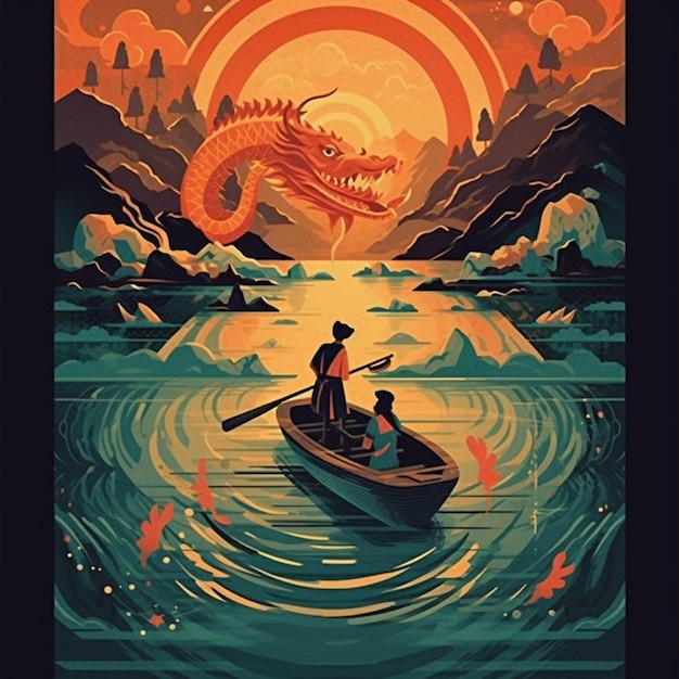 A poster of a man and a woman in a boat with a dragon generative ai