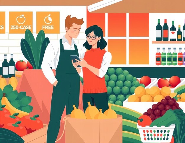 Photo a poster of a man and a woman in front of a grocery store