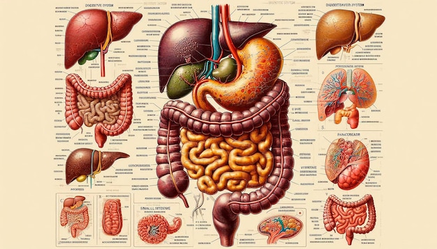 a poster of a medical illustration shows a section of a human body with the word stomach